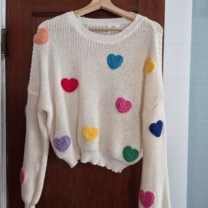 Heart-Embellished Cream Sweater